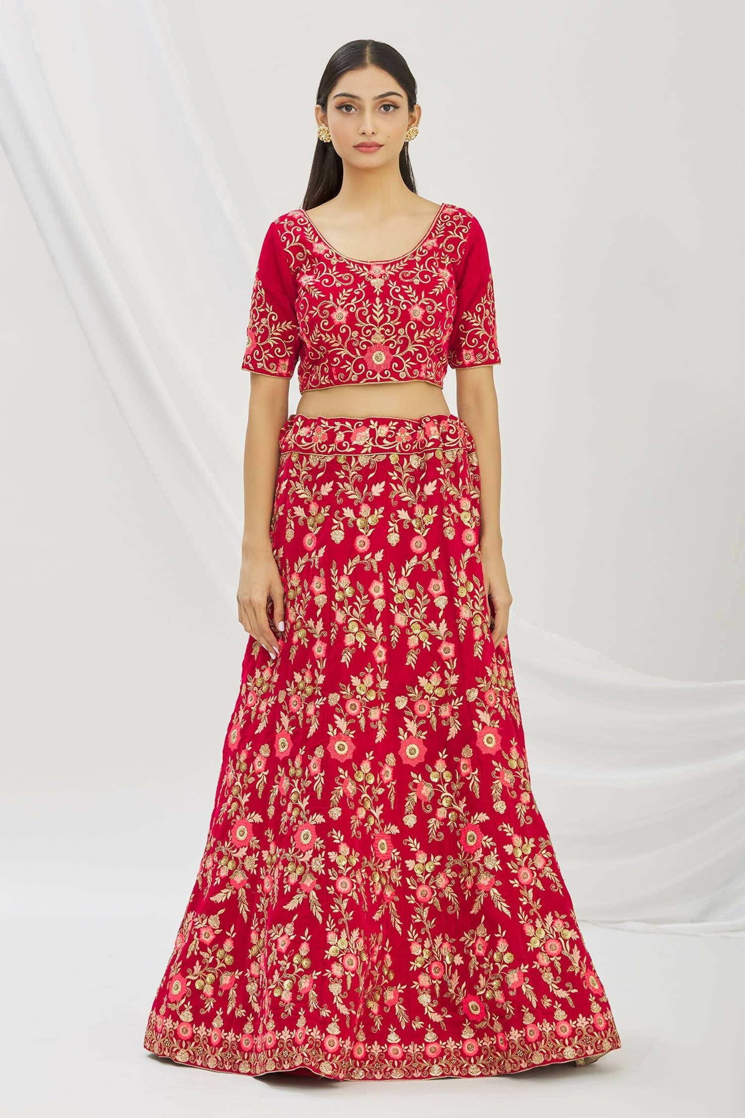Red Velvet Semi-Stitched Wedding Bridal Lehenga - Nimaya