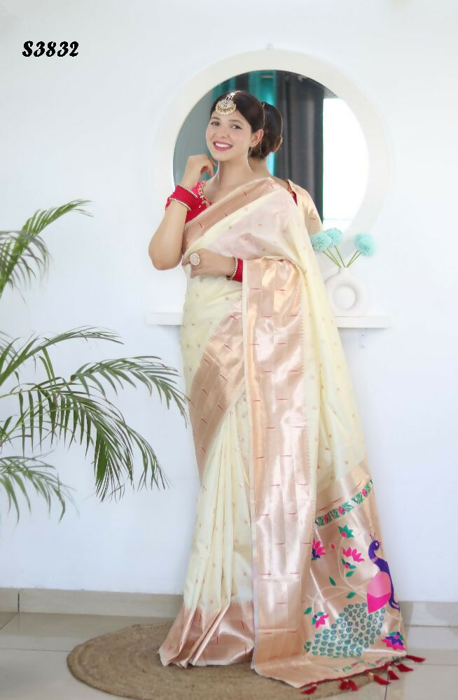 Cream Woven Jacquard Designer Embroidery Work Party Wear Saree - Parampara