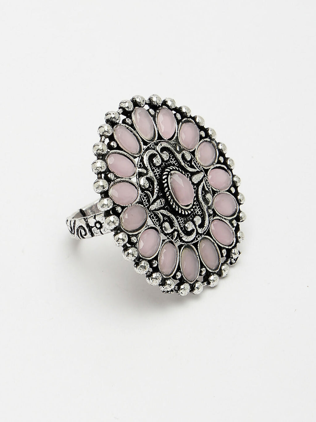 NVR Women's Pink Silver-Plated Circular Shape Adjustable Finger Ring