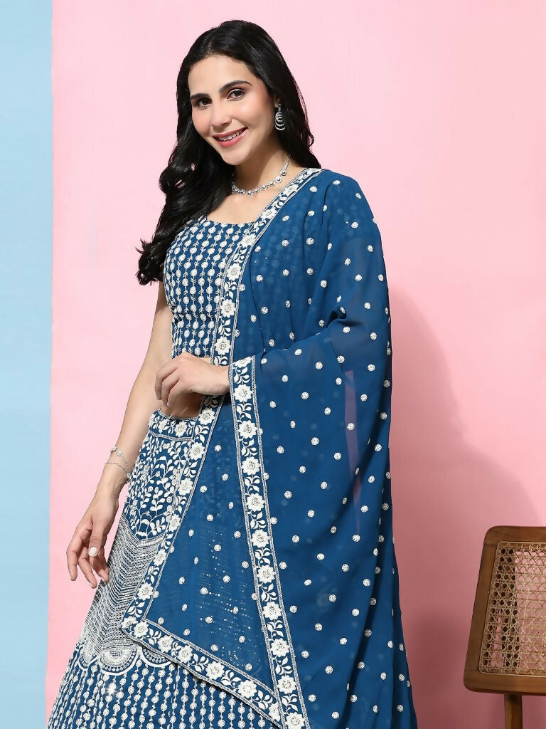 Teal Georgette Thread Embroidered Lehenga Choli with Dupatta - Tanya