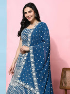 Teal Georgette Thread Embroidered Lehenga Choli with Dupatta - Tanya