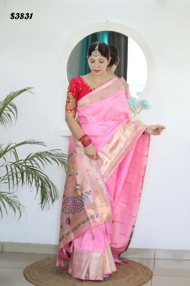 Pink Woven Jacquard Designer Embroidery Work Party Wear Saree - Parampara