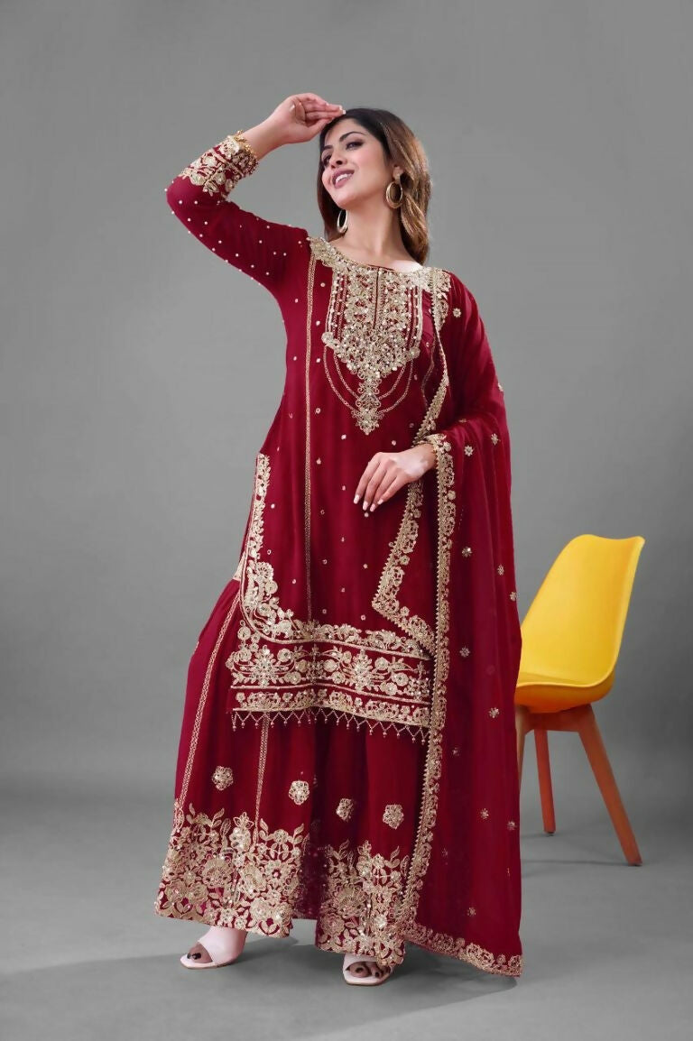 Teeya Creation Red Color Faux georgette Embroidery Work Sharara Set - Distacart