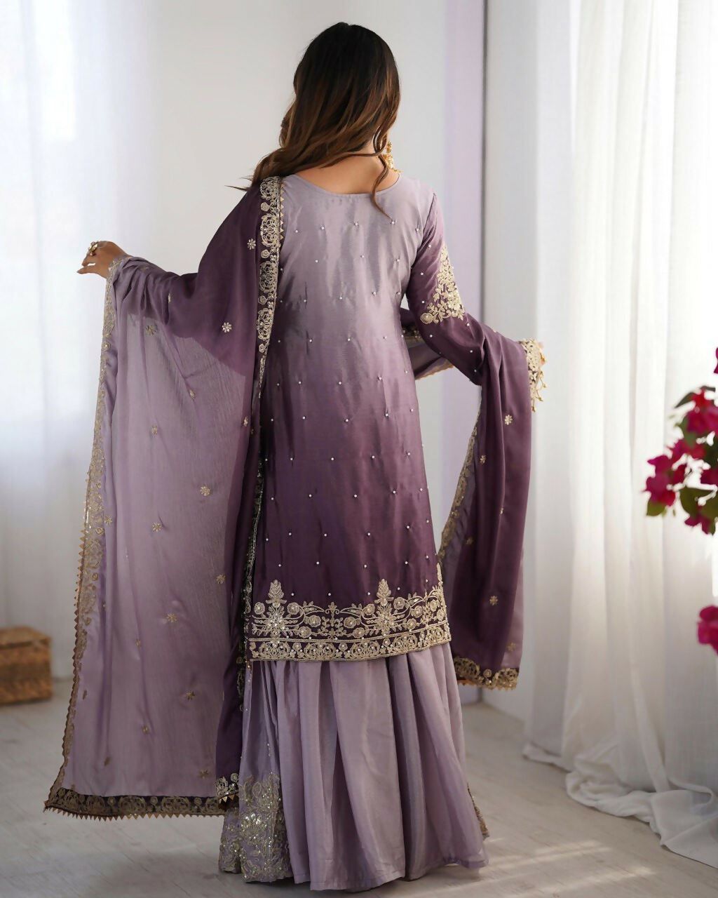The52 Women's Beautiful Chinon silk Fabric Embroidery Work Straight Kurta Palazzo and Dupatta Set - Distacart