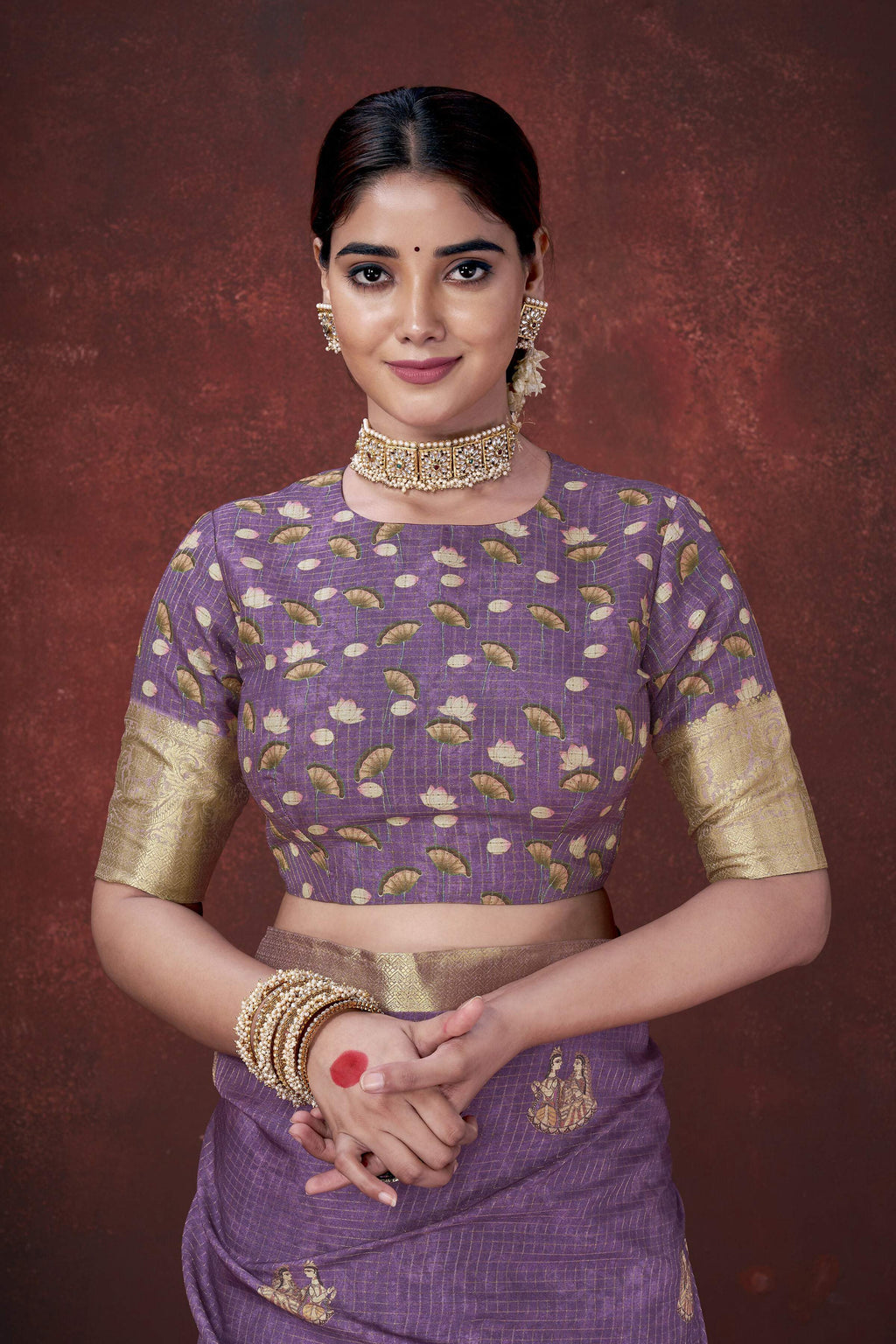 Purple Poly Habotai Silk Foil Print Saree with Unstitched Blouse - Kathari
