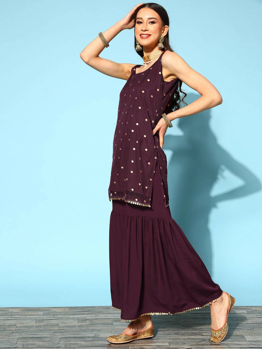 Ahalyaa Women Wine Colour Crepe Gold Printed Kurta Sharara Set - Distacart