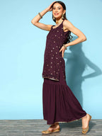 Ahalyaa Women Wine Colour Crepe Gold Printed Kurta Sharara Set - Distacart