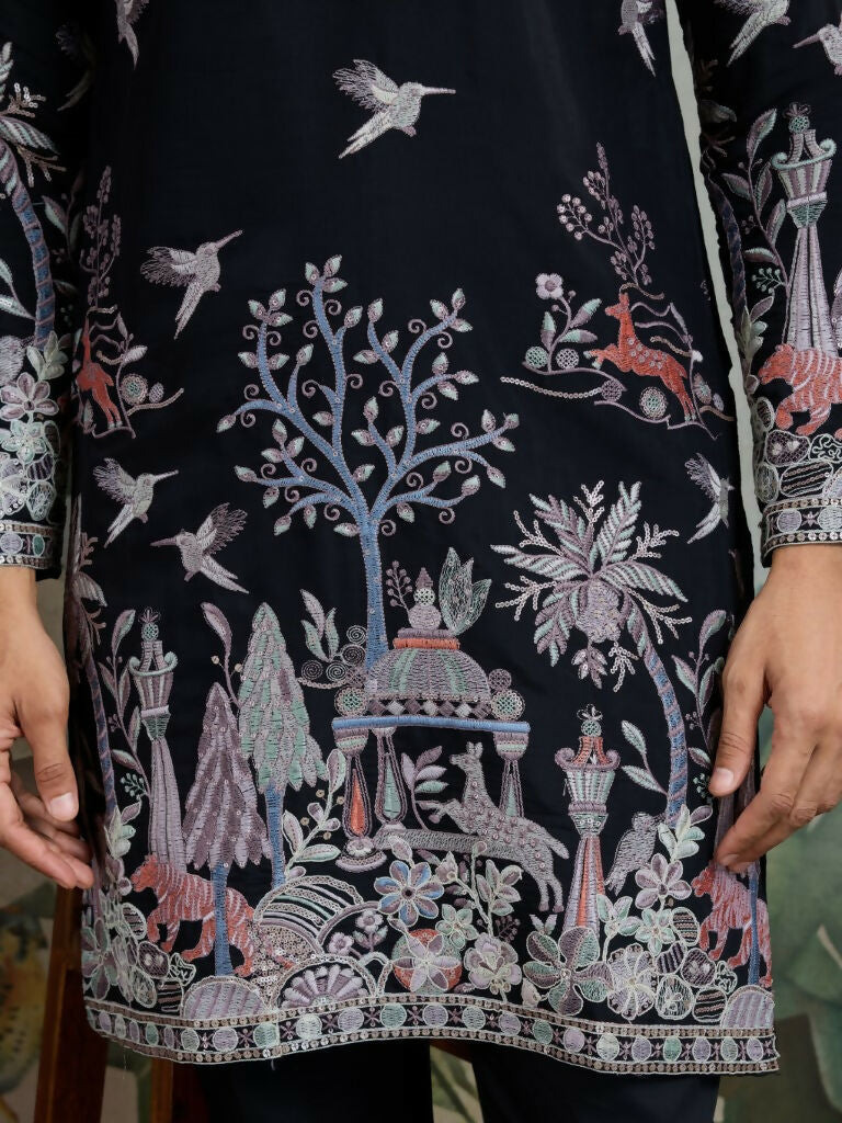 Vastranavya Black Exclusive Festival Wear Viscose Silk Thread & Sequence Embroidered Work Kurta