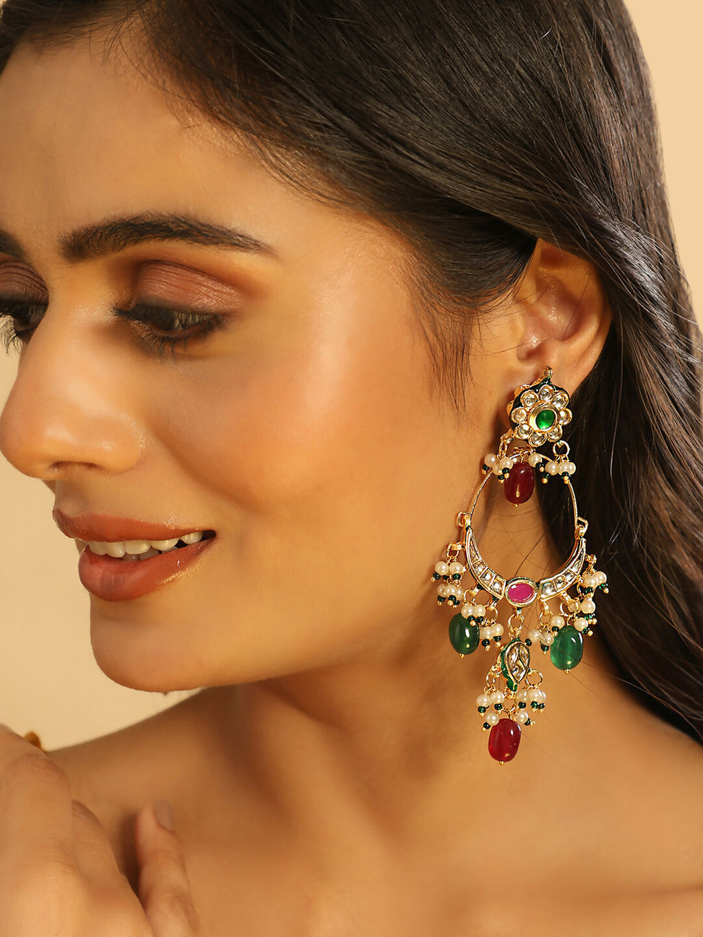 Nuyug 22K Gold Plated Crescent Kundan Drop Green Stone Chandbali Earrings - Distacart
