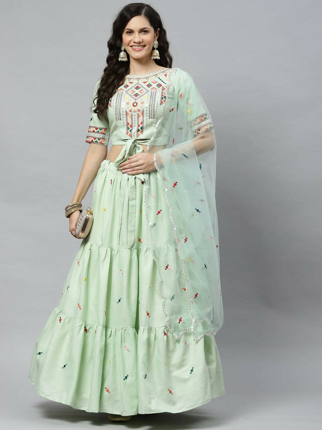 Pista Cotton Embroidered Work Lehenga Choli with Dupatta - Jivika