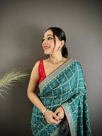 Joban Fashion Emerald Blue Bandhej Bandhani Vichitra Silk Bandhani Prints Saree - Distacart