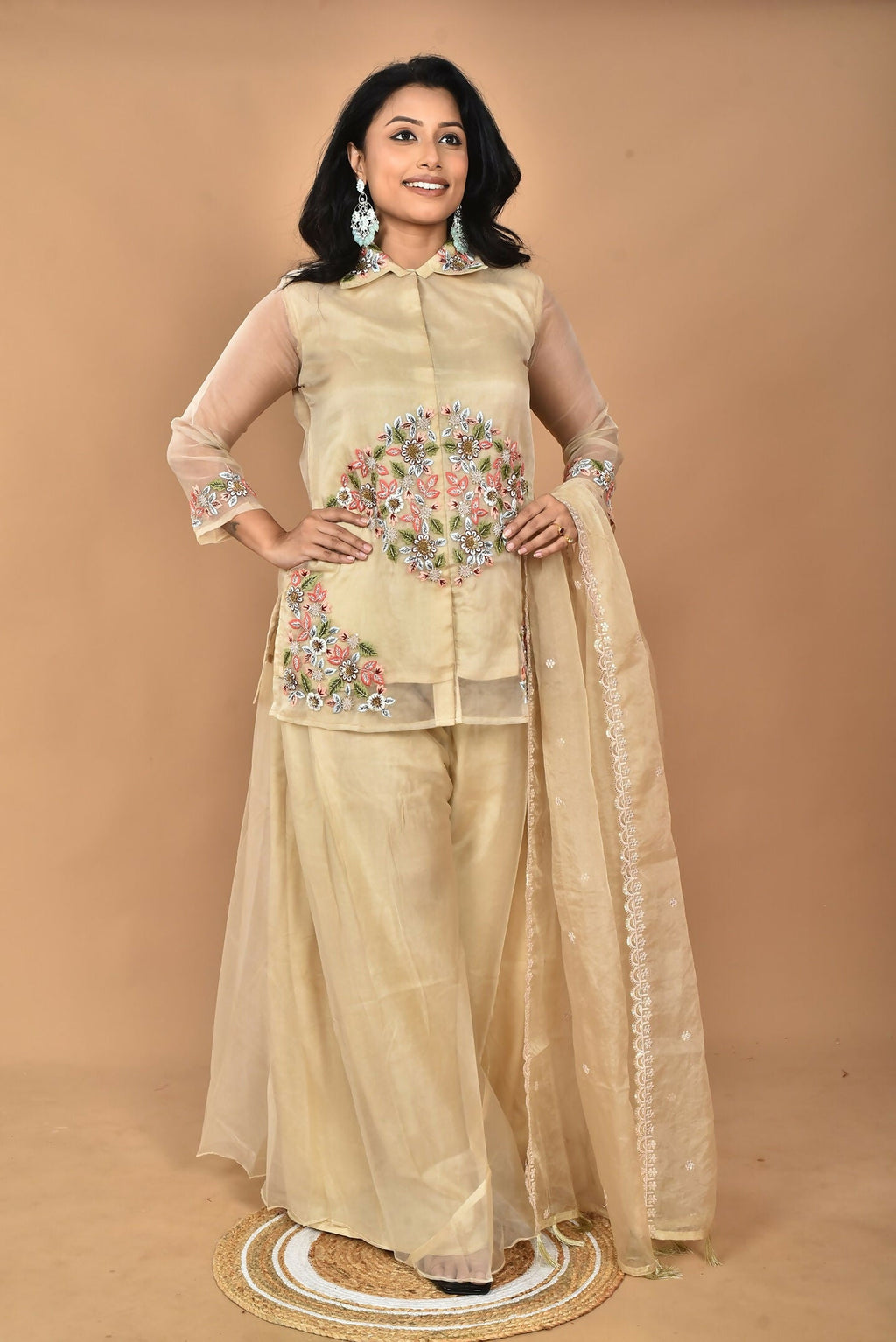 Morchari Women And Hand Embroidery Palazzo Set-Beige