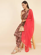 Janasya Women's Brown Crepe Digital Floral Printed Festive Straight Kurta Set
