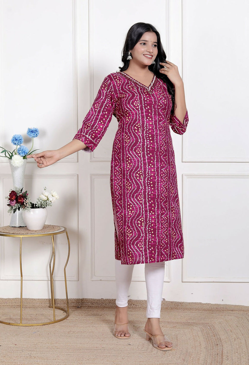 Miravan Womens Magenta Bandhej Printed Rayon Kurti