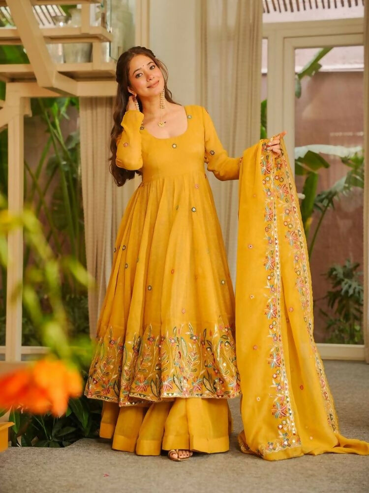 Teeya Creation Yellow Color Crunchy Silk Fancy Wedding Wear Palazzo Set - Distacart