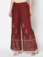 Aniyah Rayon Maroon Color Block Print Flared Slip-On Palazzo (AN-213K)