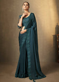 Teal Satin Silk Floral Embroidered with Swaroski Work Saree With Unstitched Blouse Piece - Norita Royal Erisha