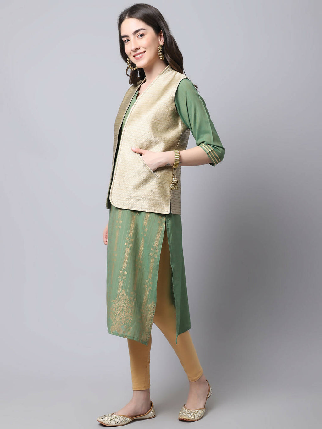 Even Apparels Beige Bansari Silk Open Front Gillet - Distacart