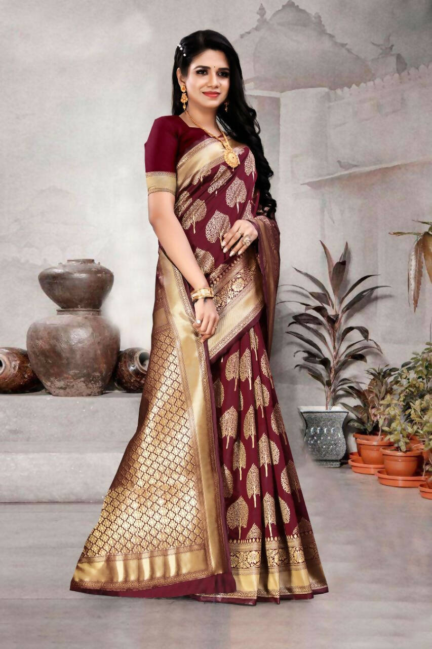 DEIANA'S Beautiful Designer Golden zari Soft Lichi Silk Saree - Maroon