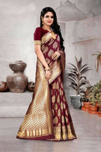 DEIANA'S Beautiful Designer Golden zari Soft Lichi Silk Saree - Maroon
