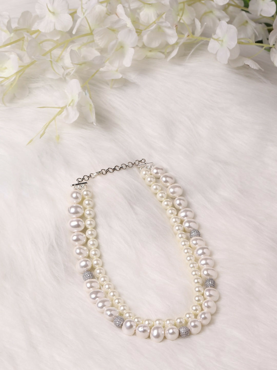 Layered Pearl White Neckpiece in Silver Chain- Ruby Raang