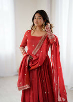 The52 Women's Beautiful Embroidery Work Crunchy Silk Fabric Flared Anarkali and Dupatta Set - Distacart