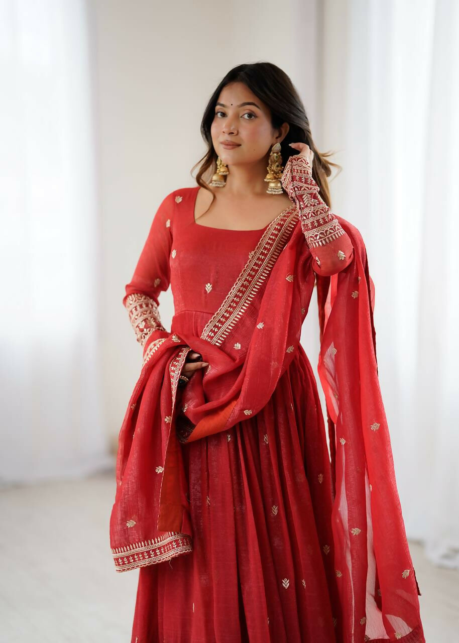The52 Women's Beautiful Embroidery Work Crunchy Silk Fabric Flared Anarkali and Dupatta Set - Distacart