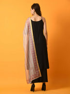 Myshka Women's Black Solid Anarkali Party Kurta Set With Printed Dupatta