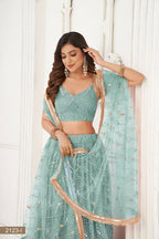 Eilara Glamorous Ocean Blue Net With Sequins And Thread Embroidery Real Mirror Work Lehenga Choli For Wedding