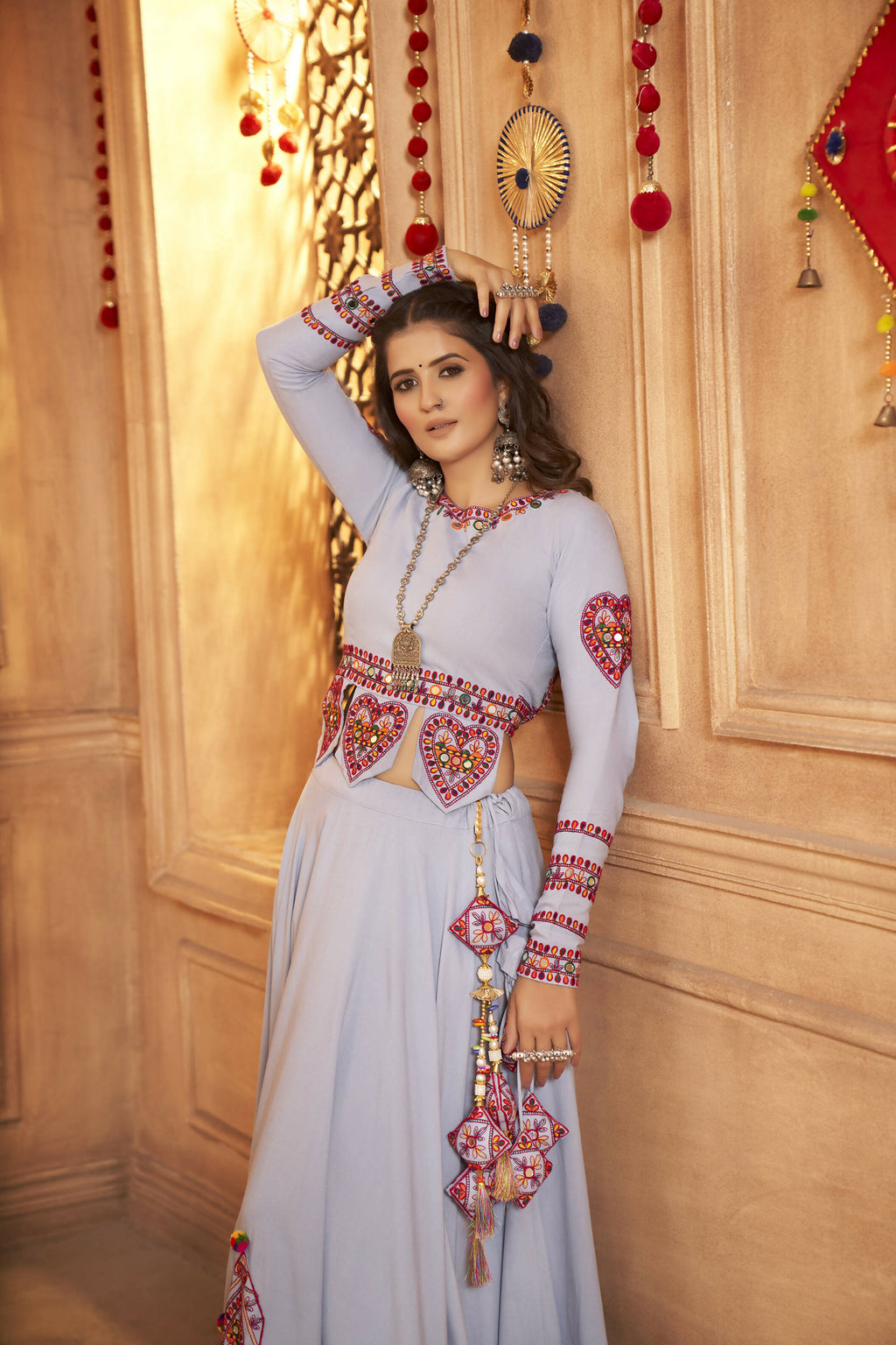 Sky Viscose Rayon Thread Embroidered Work And Print With Mirror All Over Navratri Lehenga Choli - Raas