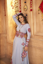 Sky Viscose Rayon Thread Embroidered Work And Print With Mirror All Over Navratri Lehenga Choli - Raas
