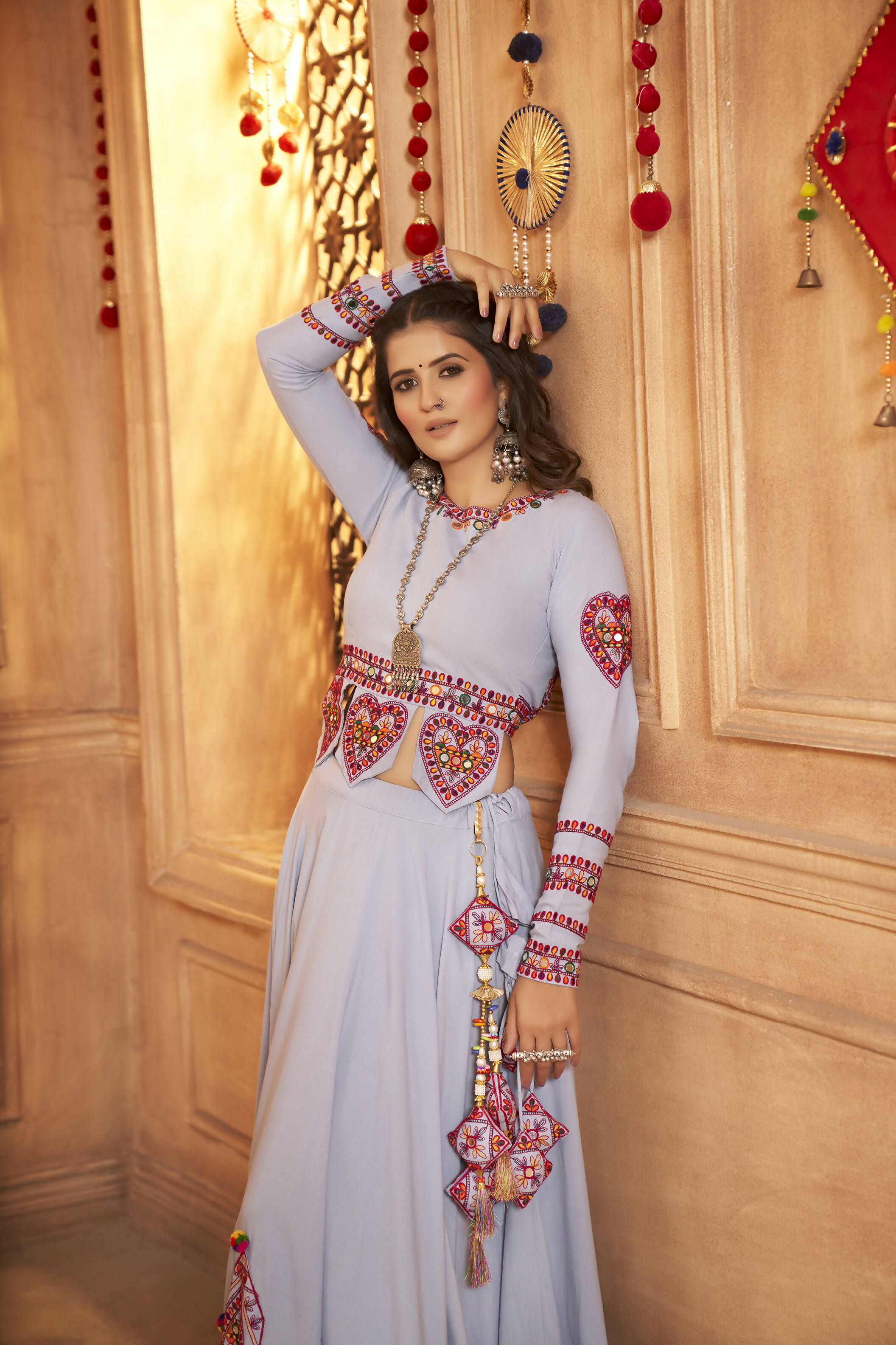 Sky Viscose Rayon Thread Embroidered Work And Print With Mirror All Over Navratri Lehenga Choli - Raas