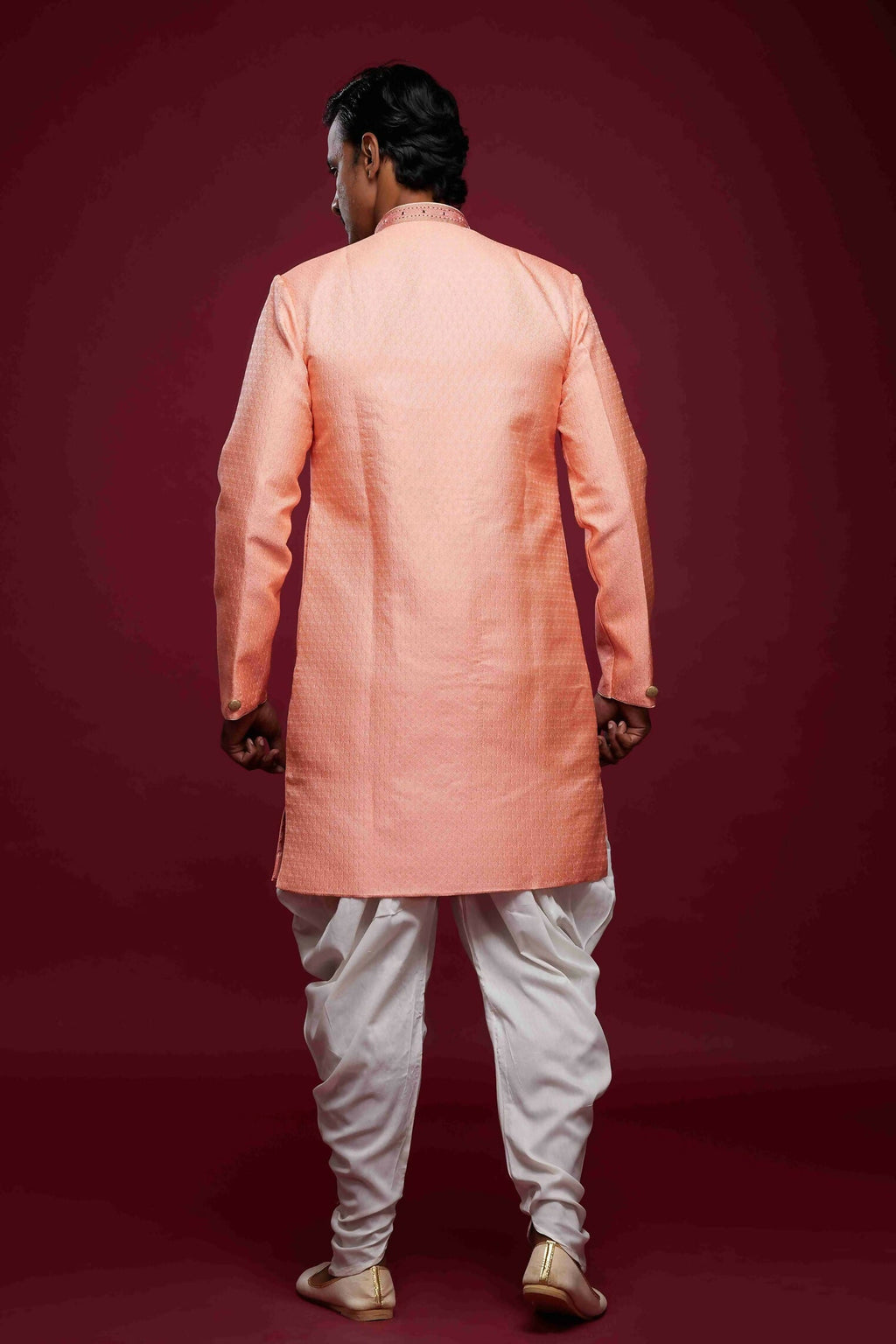 Raivat Ethnic Banarasi Jacquard Embroidery Semi Indo Western Sherwani In Pink Colour