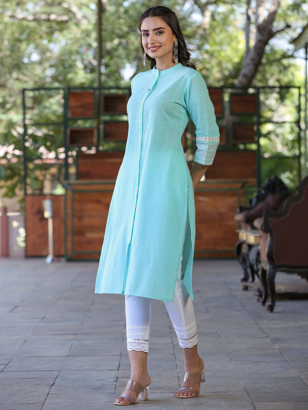 Juniper Women's Seagreen Cotton Slub Embroidered Straight Kurta - Distacart