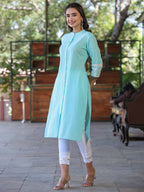Juniper Women's Seagreen Cotton Slub Embroidered Straight Kurta - Distacart