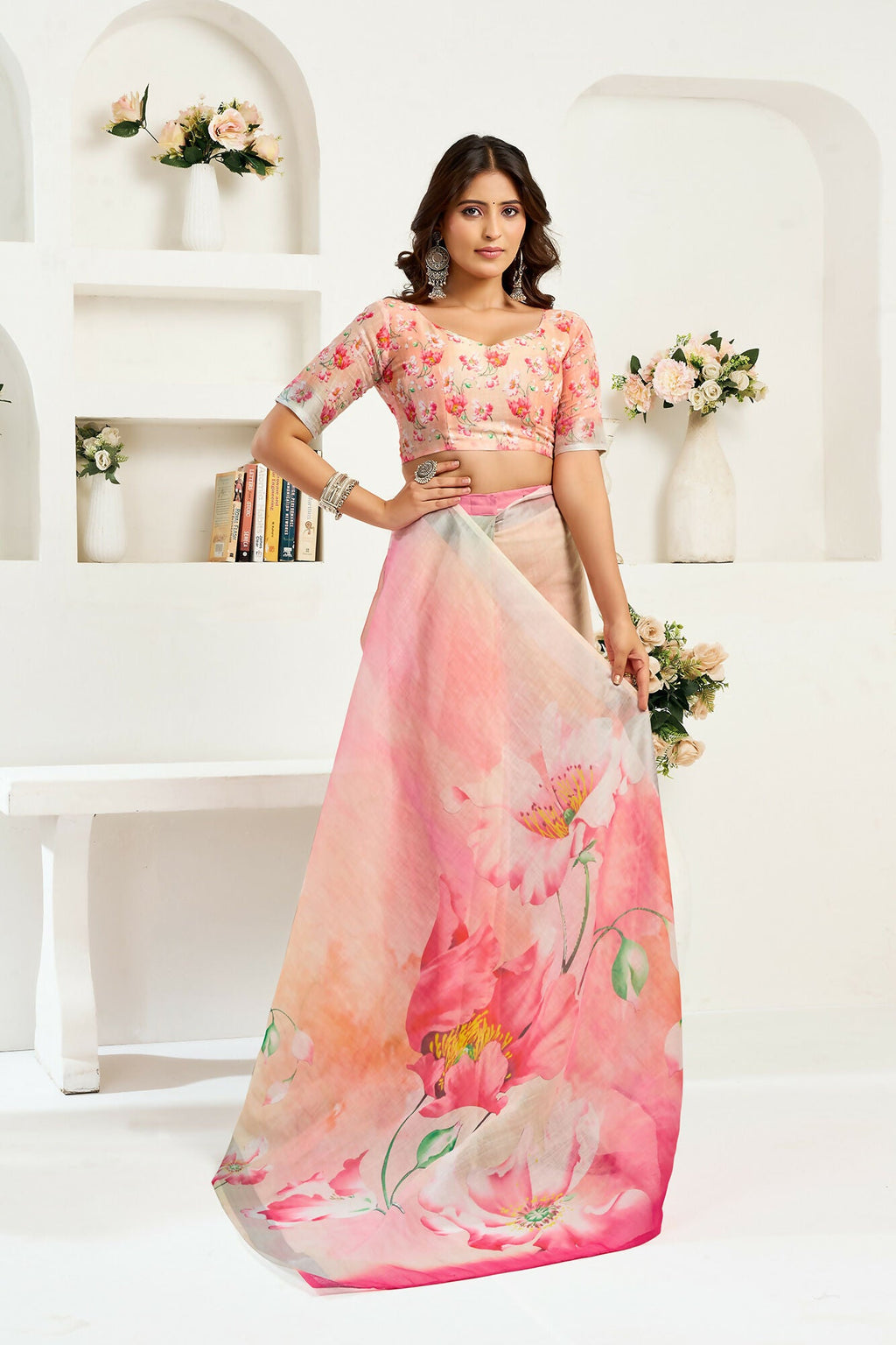 Vastranavya Peach Digital Printed Linen Ready To Wear Designer Saree with Unstitched Blouse - Distacart