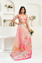 Vastranavya Peach Digital Printed Linen Ready To Wear Designer Saree with Unstitched Blouse - Distacart