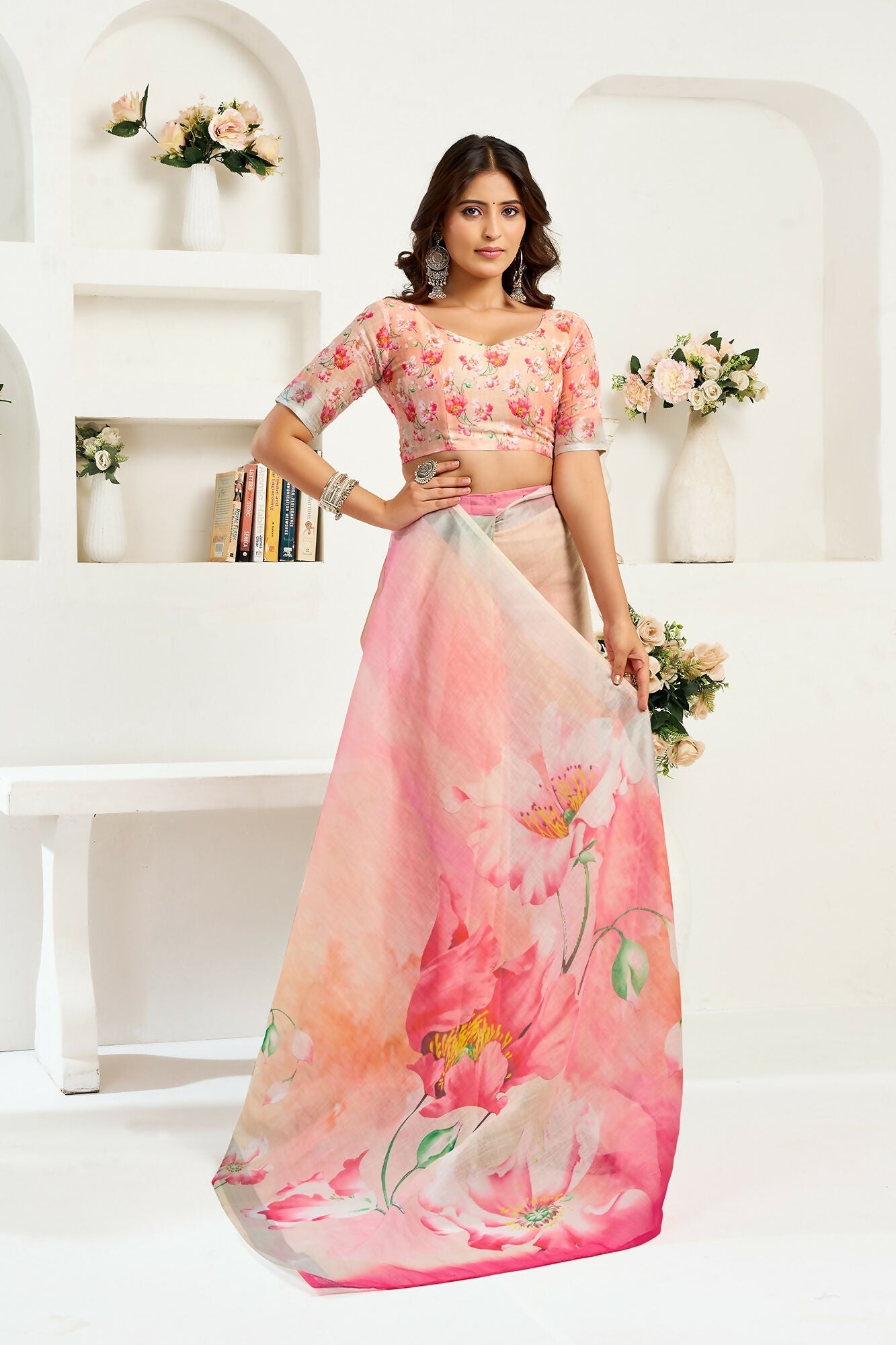 Vastranavya Peach Digital Printed Linen Ready To Wear Designer Saree with Unstitched Blouse - Distacart