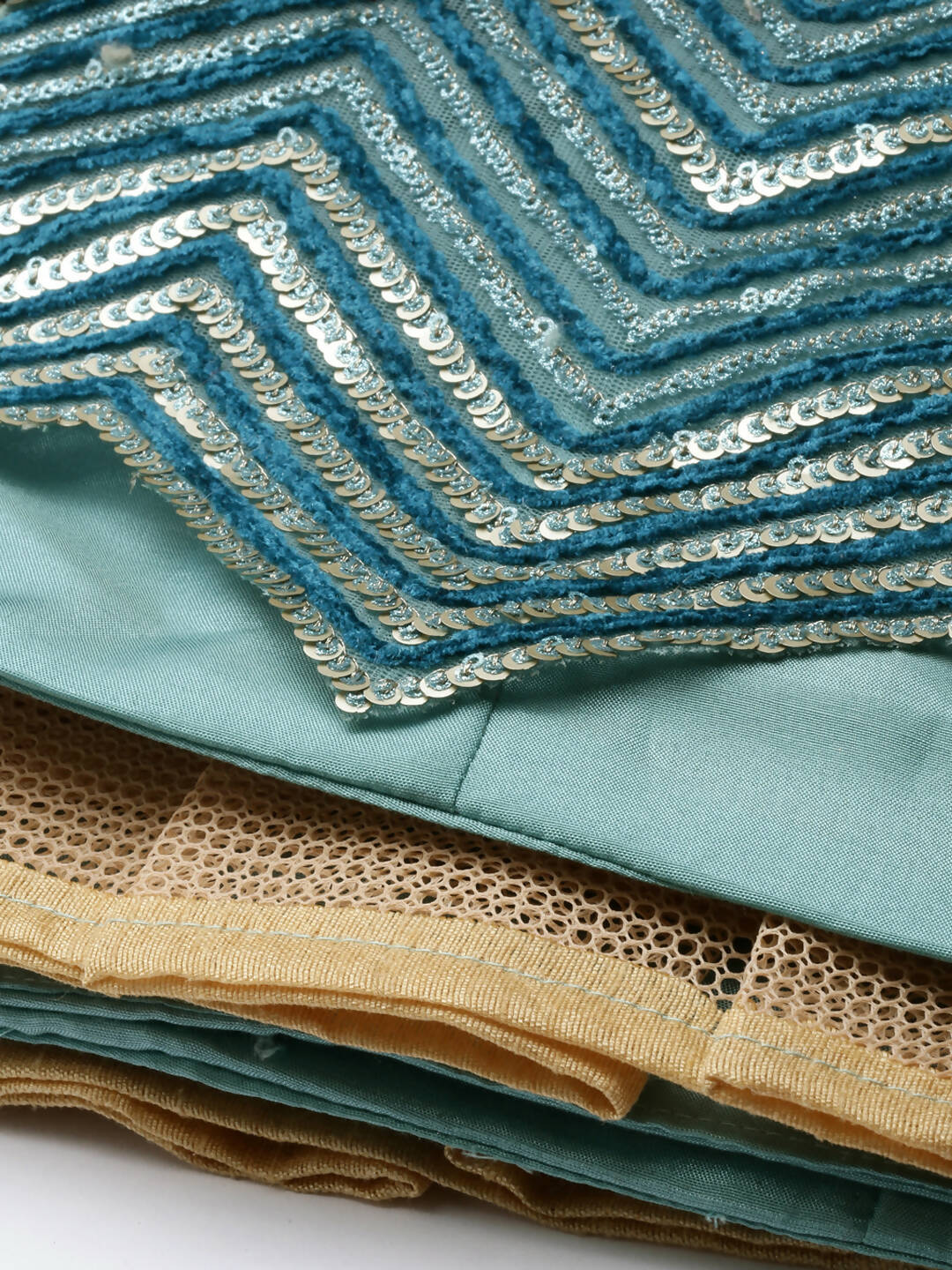 House of Panchhi Women Sea Green Net Zig-Zag Embroideried Lehenga, Blouse & Dupatta