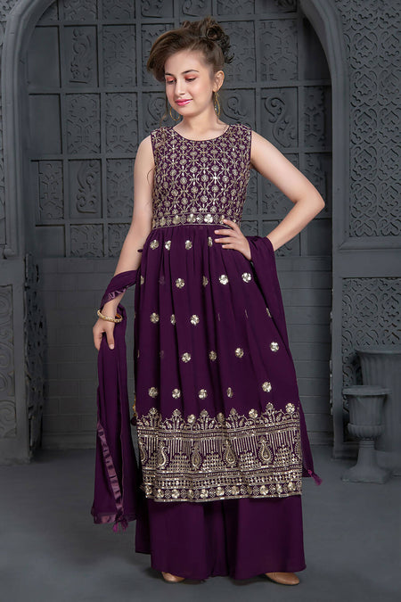 Kids Wedding Designer Purple Georgette Naira Cut Salwar Suit - Aaradhna