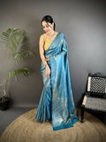 Joban Fashion Aqua Blue Floral & Paisley Motifs Soft Satin Silk Banarasi Saree - Distacart