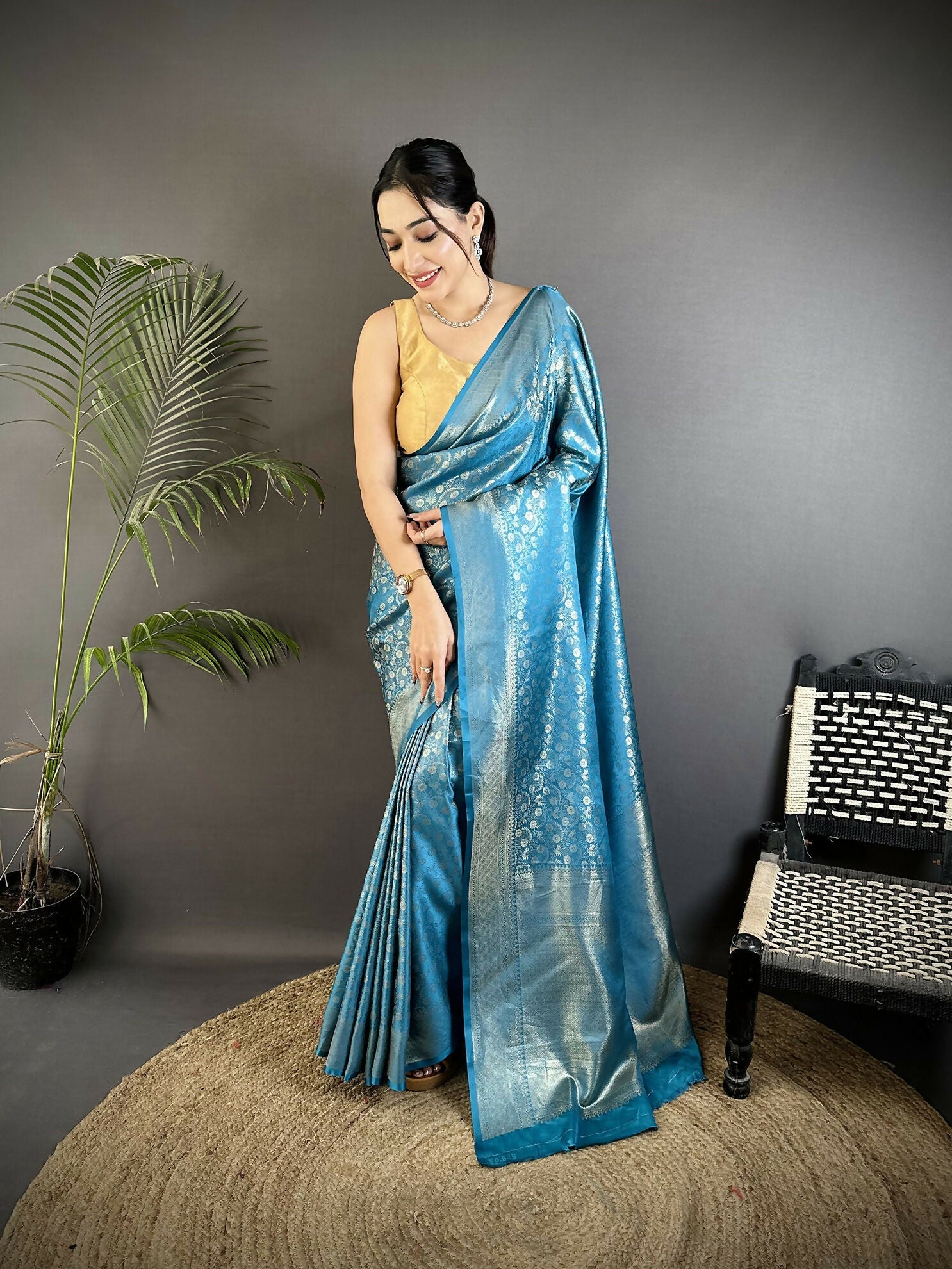 Joban Fashion Aqua Blue Floral & Paisley Motifs Soft Satin Silk Banarasi Saree - Distacart