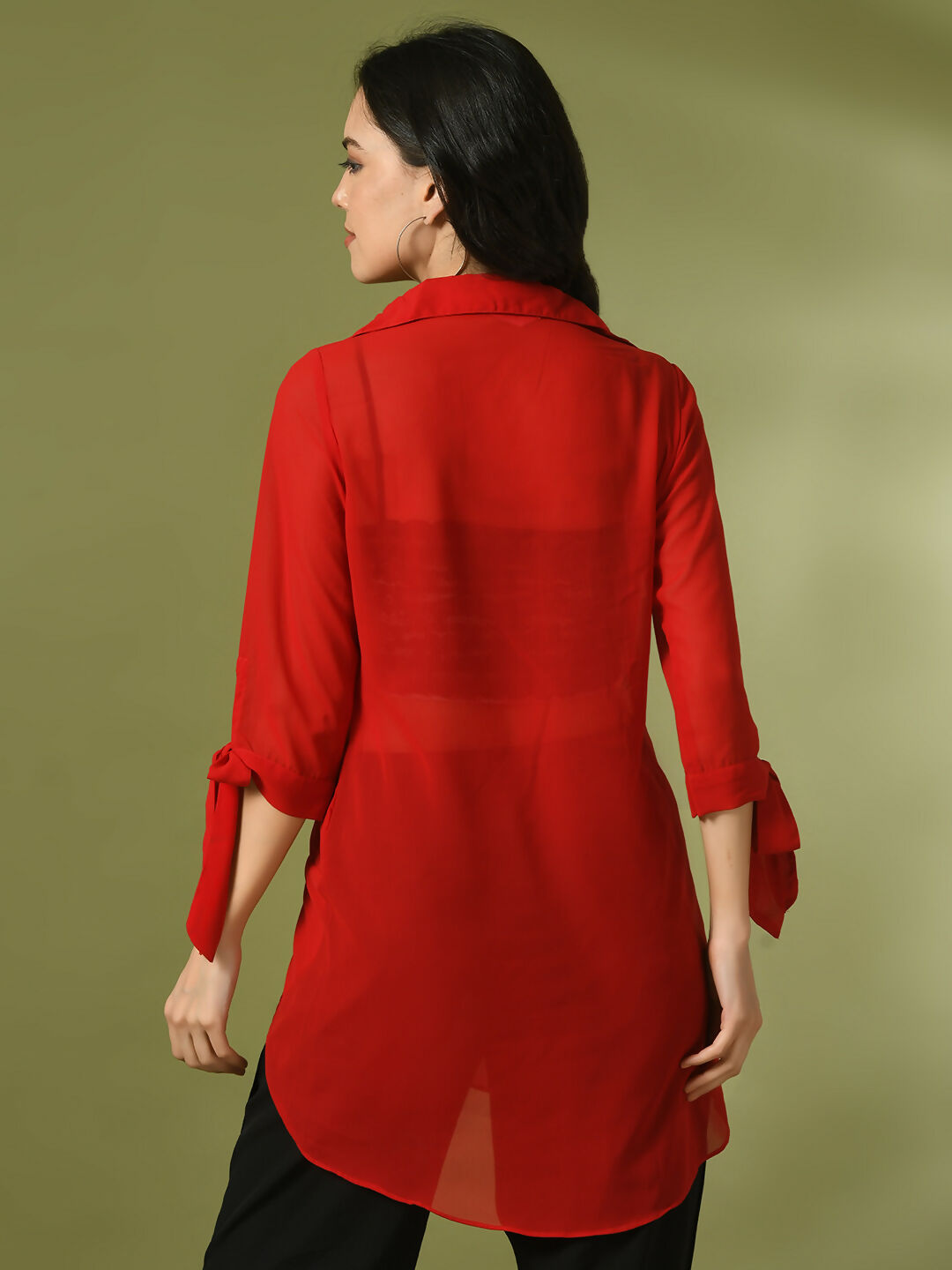 Myshka Women's Red Solid Georgette Longline Party Sheer Tunic