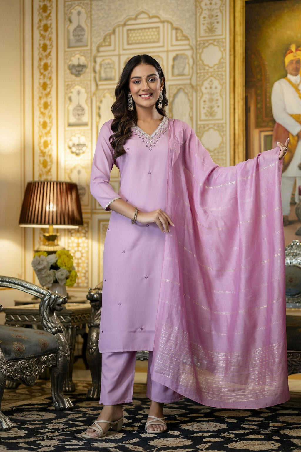 The52 Women's Beautiful Embroidery Work Viscose Rayon Fabric Straight Kurta Pant and Dupatta Set - Distacart
