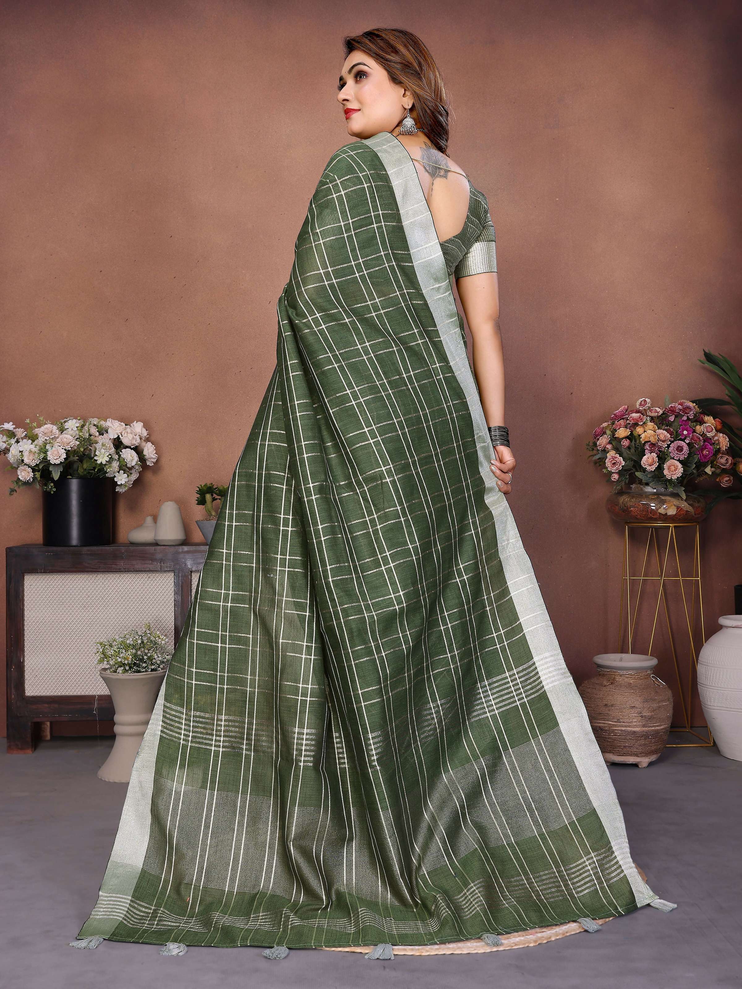 Aastha Fashion Mehndi Linen Weaving Saree - Distacart