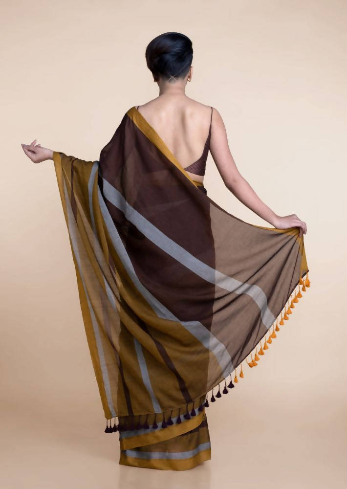 Suta Brown Yellow Colourblocked Mul Saree - Distacart