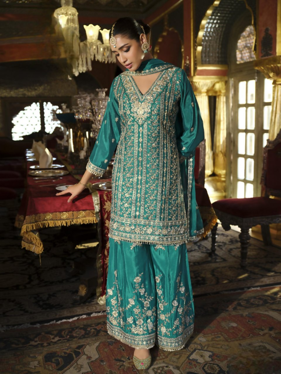 Anaita Sky-Blue Heavy Chinon Readymade Palazzo Suit with Heavy Embroidery Work - Distacart