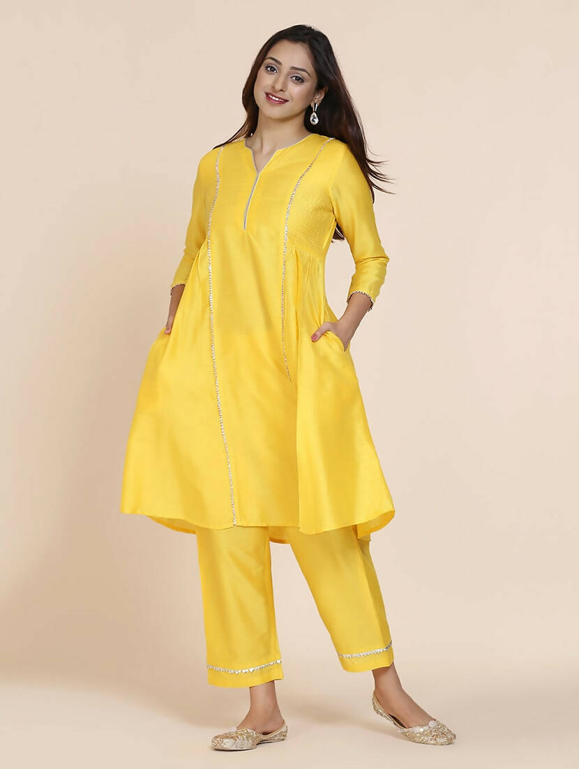 Cheera Women's Yellow Silk Blend With Gota Work Frock Dress With Silk Straight Pant Set