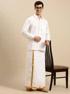 Ramraj Cotton Mens Pure Cotton 1 Inch Gold Jari Dhoti - White