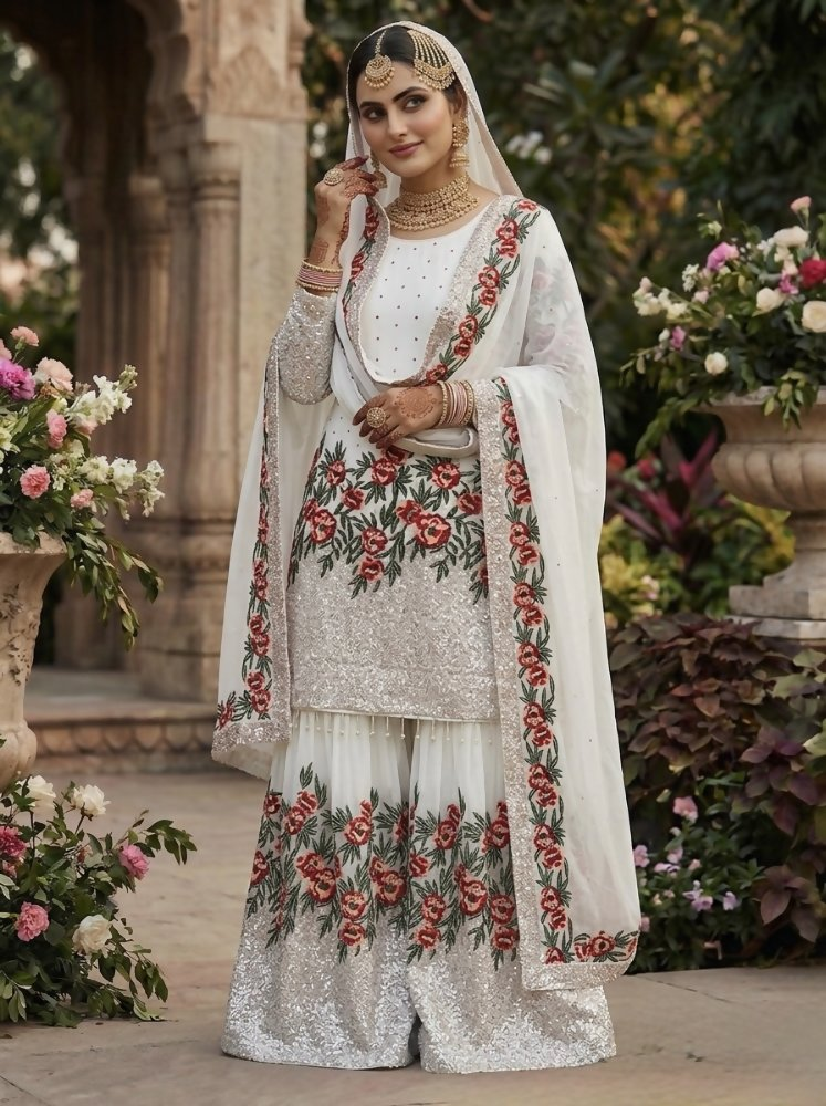 Teeya Creation White Fendy Silk Heavy Embroidery Work Party Wear Sharara Suit - Distacart